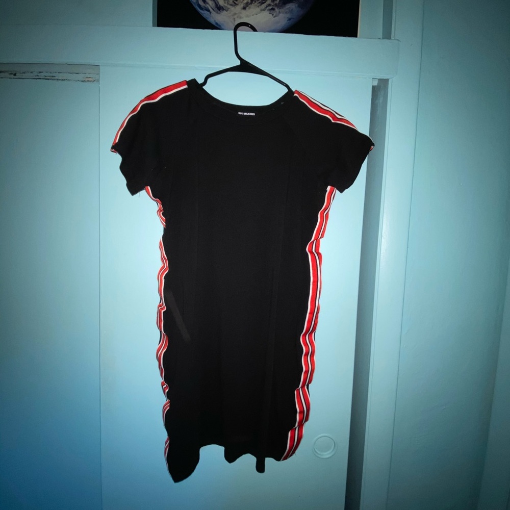 t-Shirt dress with red, black, & white stripes